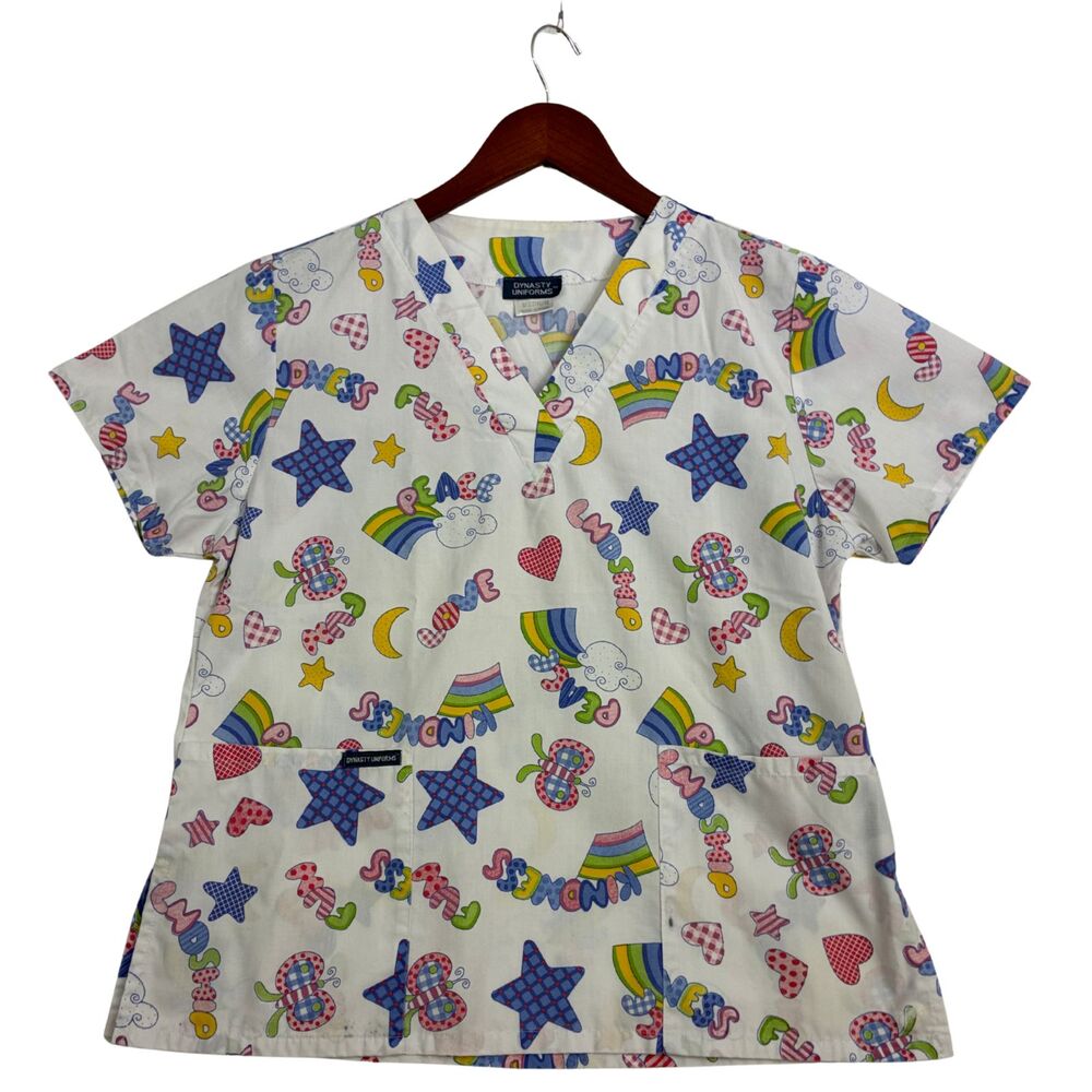 Dynasty Uniforms Womens Scrub Top M Kindness Rainbow Hearts Medical Nurse Print